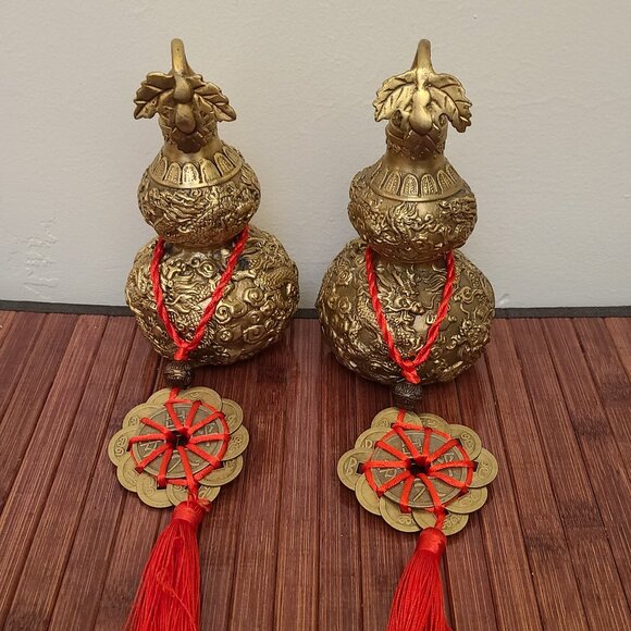 TWO Feng Shui Heavy Brass Hollow Gourds with Coins to Attract Wealth - Picture 1 of 14